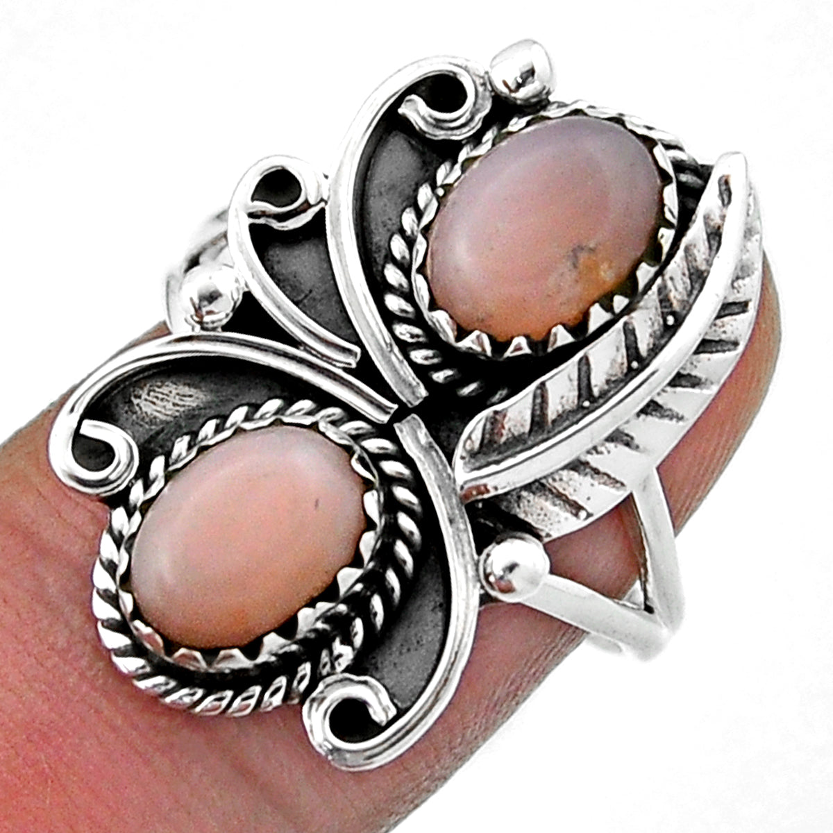 natural pink opal oval 925 sterling silver leaf ring size 8