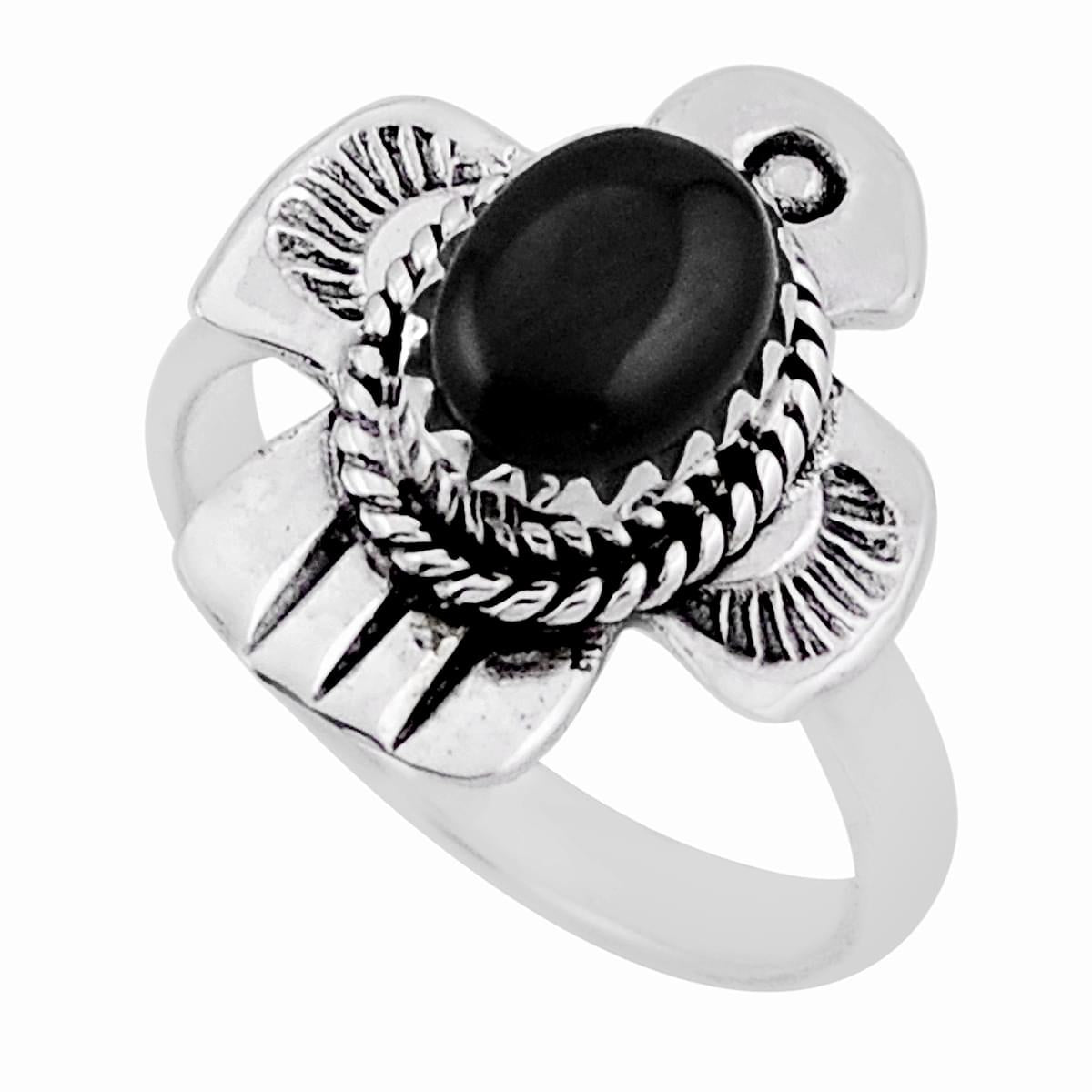 solitaire natural black onyx sterling silver thunderbird ring size 8.5