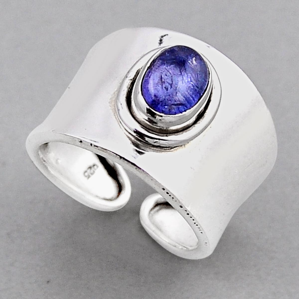 solitaire natural blue tanzanite oval 925 silver adjustable ring wide