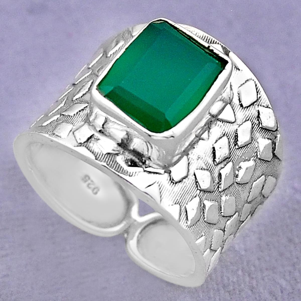 solitaire natural green chalcedony octagon 925 silver ring size 7