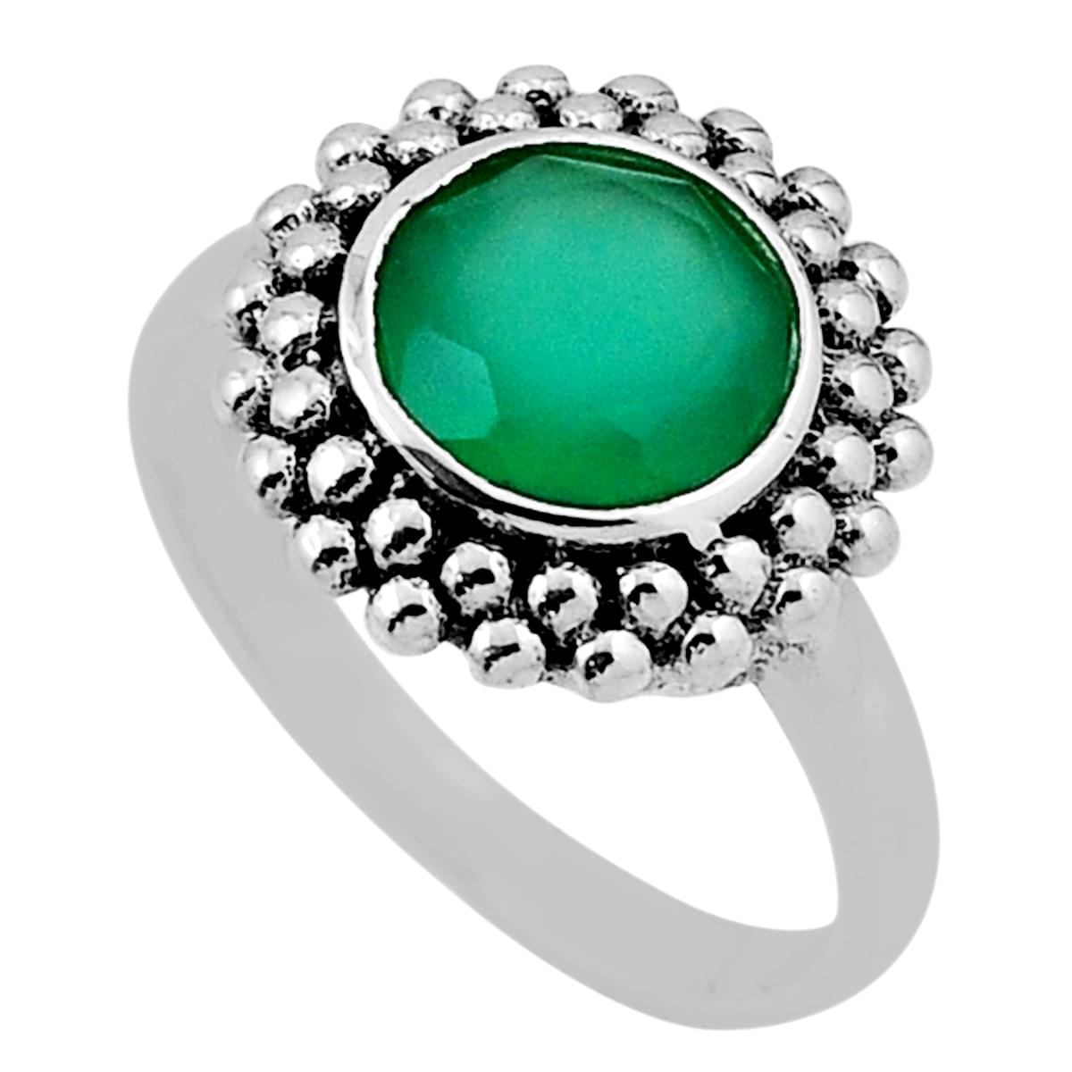 solitaire natural green chalcedony round 925 silver ring size 7