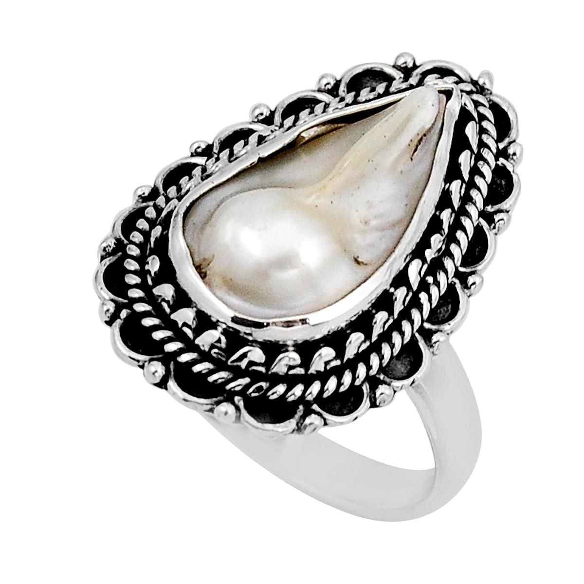 solitaire natural white pearl 925 sterling silver ring size 7.5