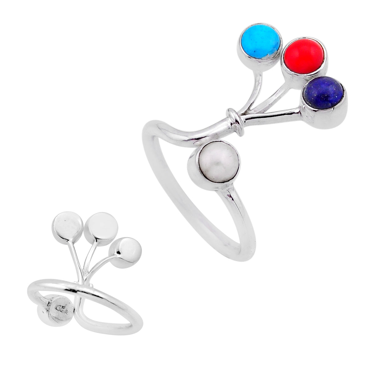 White pearl coral lapis sleeping beauty turquoise silver ring size 6.5