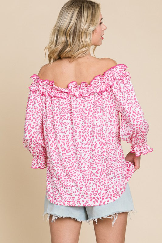 Off Shoulder Frill Print Top