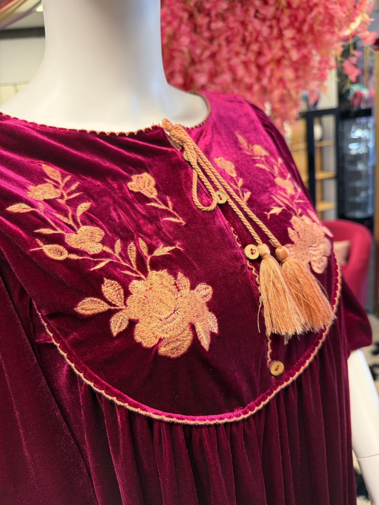 Burgundy Velvet Embroidered Dress