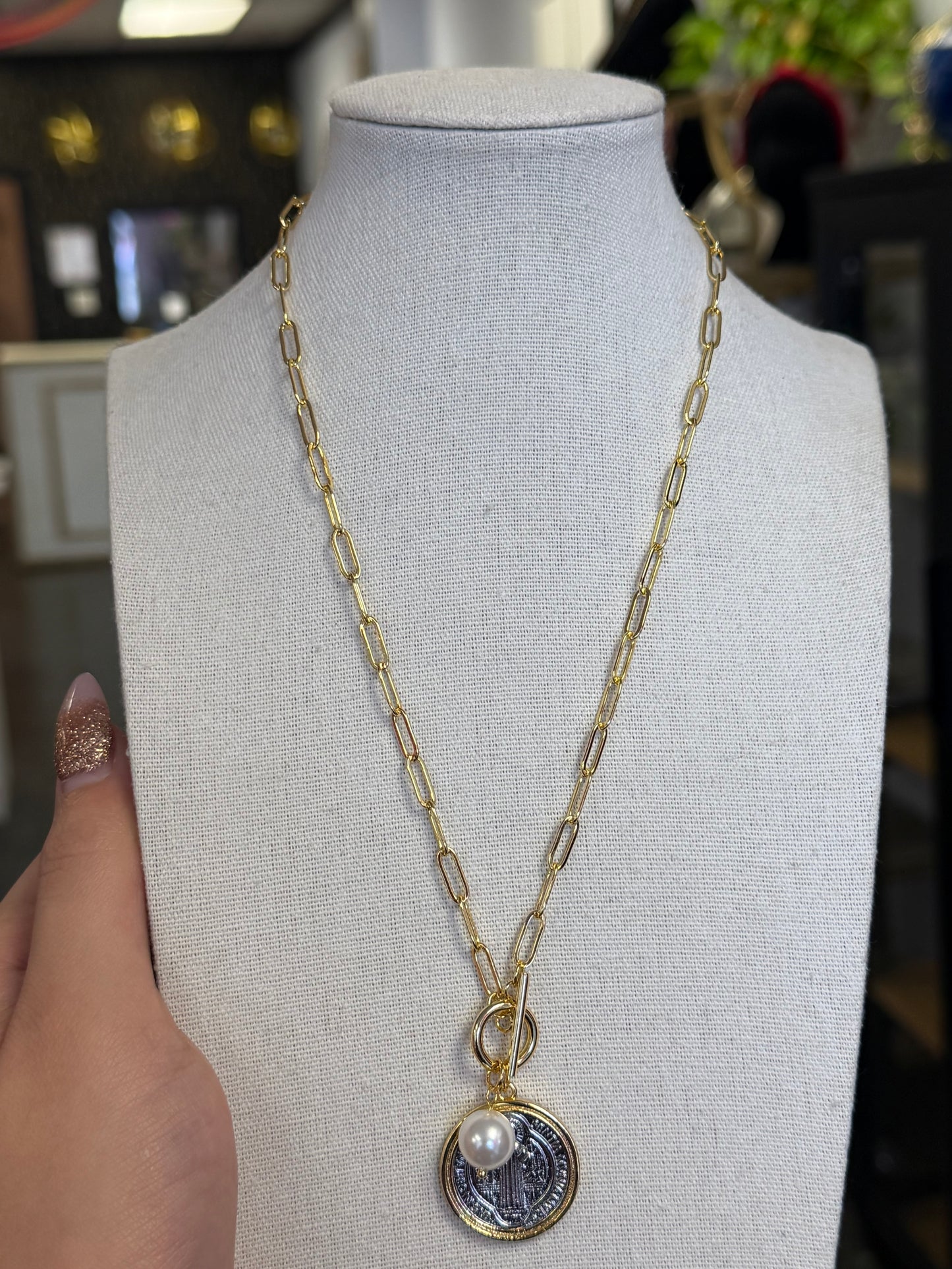 Two Tone Saint Benedict Toggle Paper Clip Necklace Multi Sizes