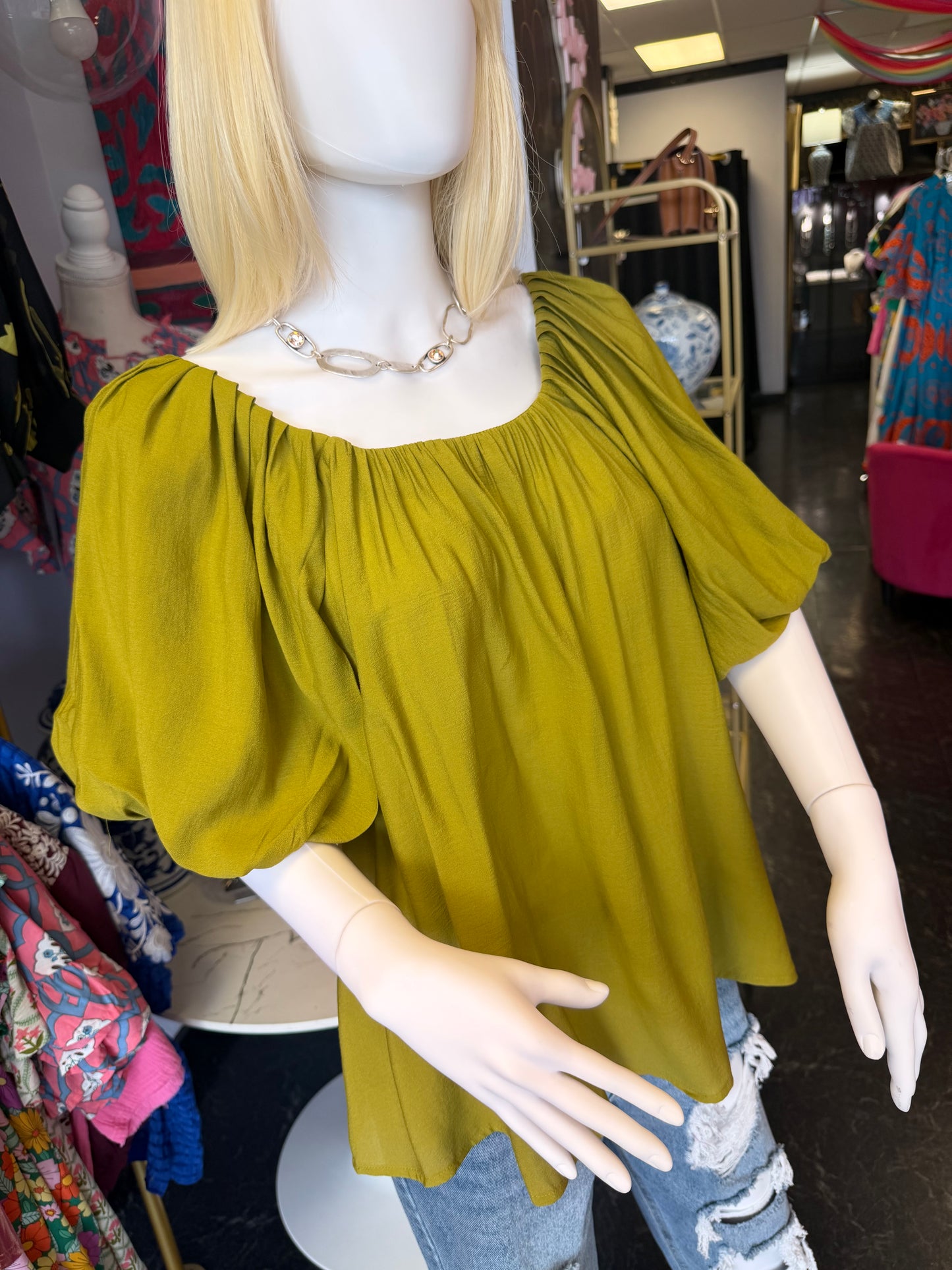 Pistachio Round Neck Top With Ballon Sleeves