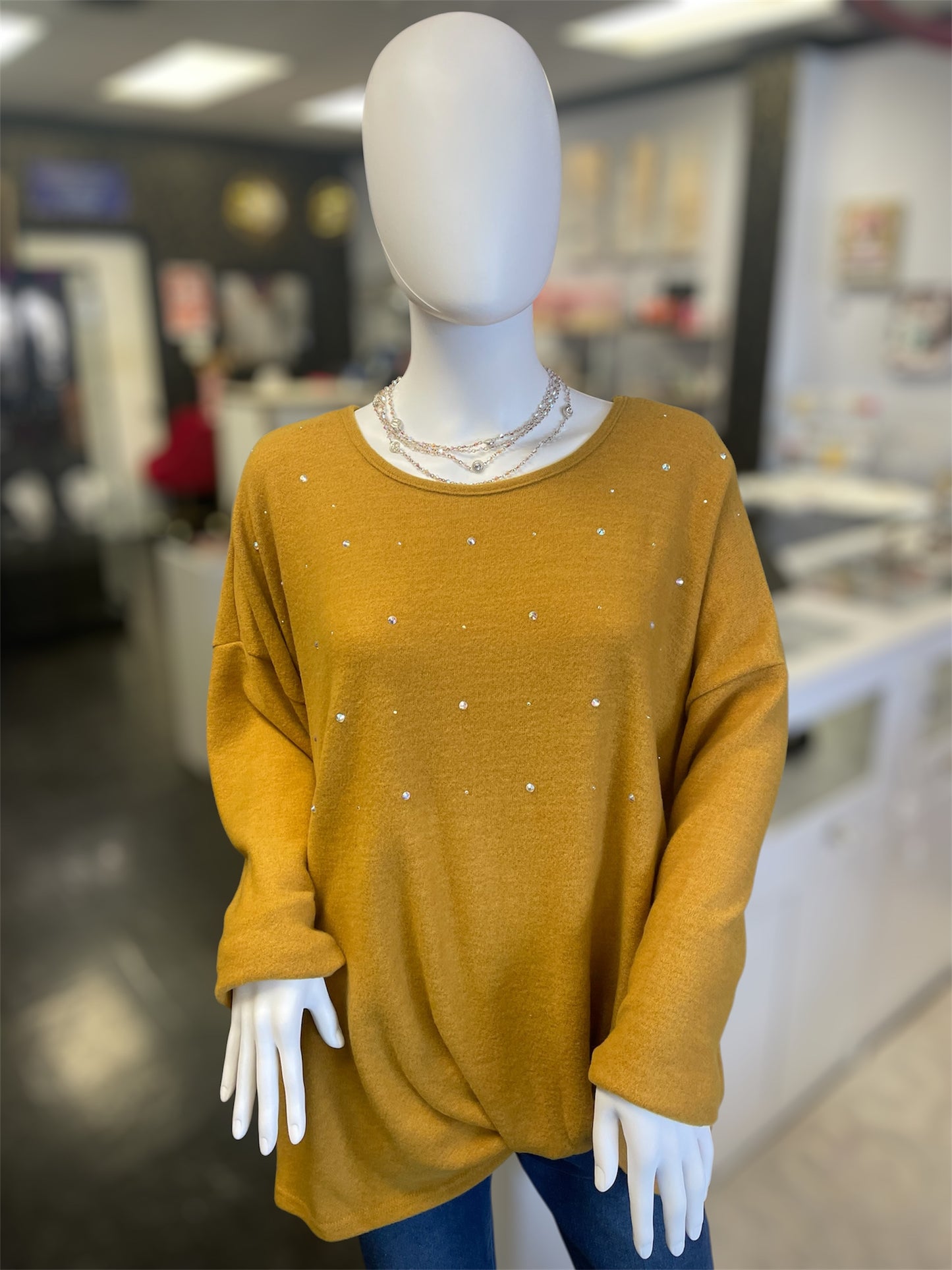 Mustard Boatneck Front Gathered Embellished Sweater (Curvy)