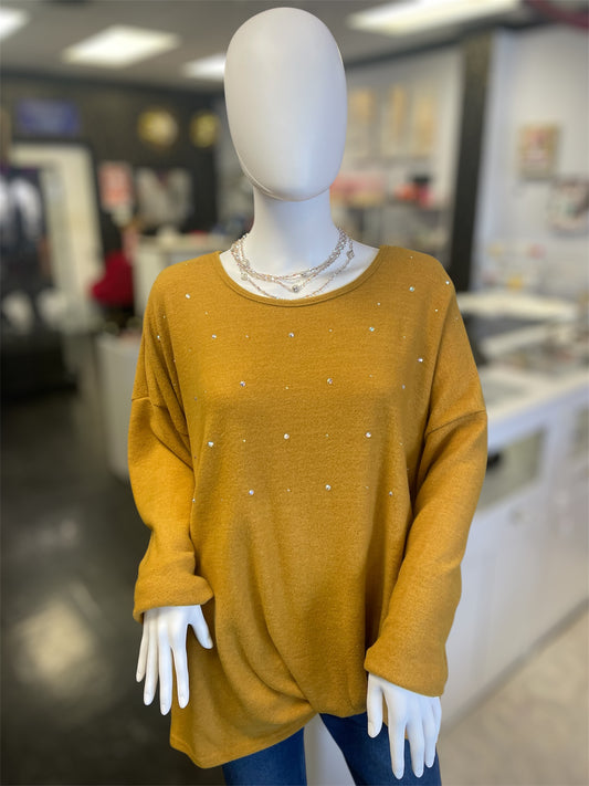 Mustard Boatneck Front Gathered Embellished Sweater (Curvy)