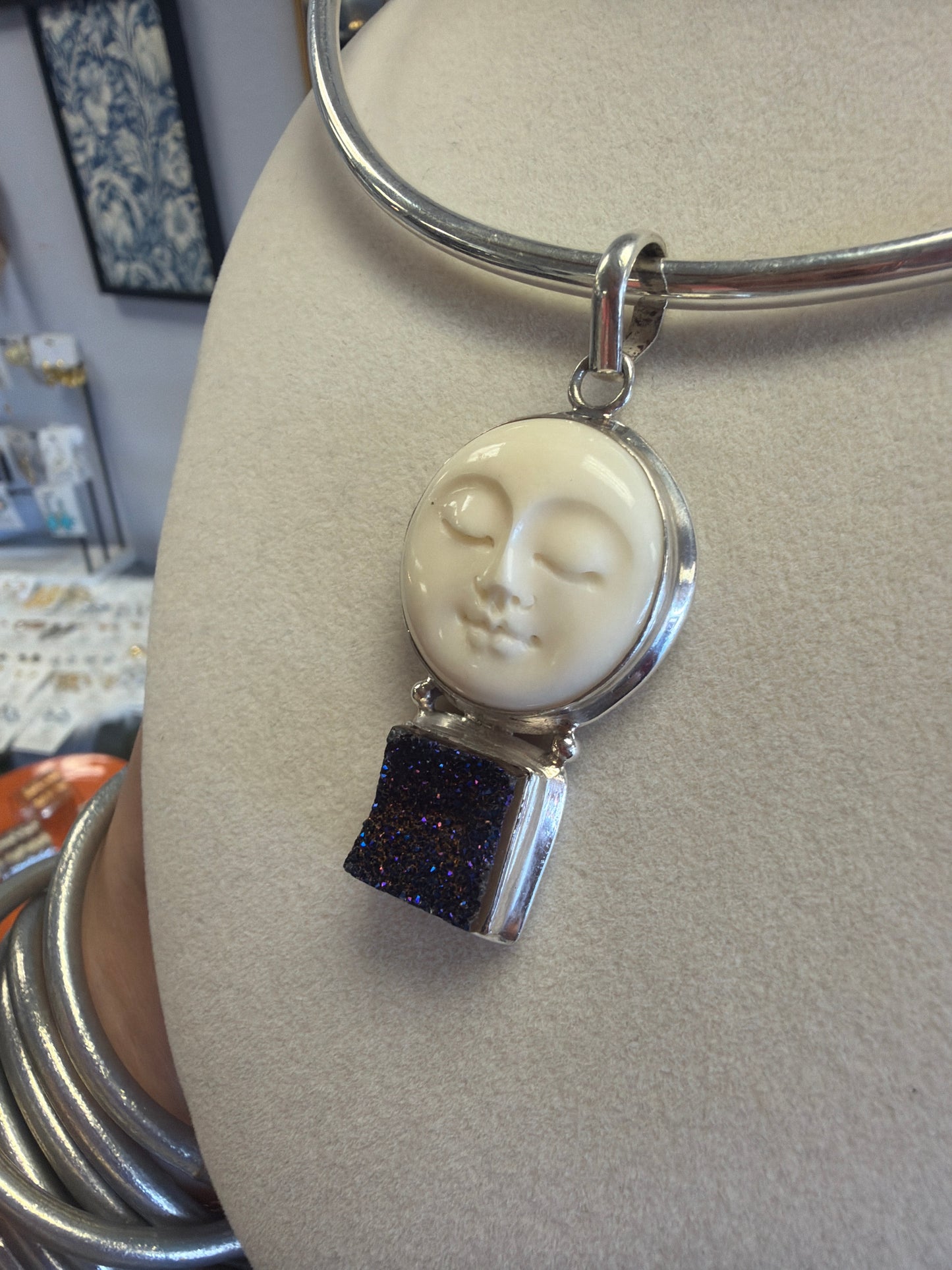 Sterling Silver Craved Moon Face & Drusy Pendant ￼￼