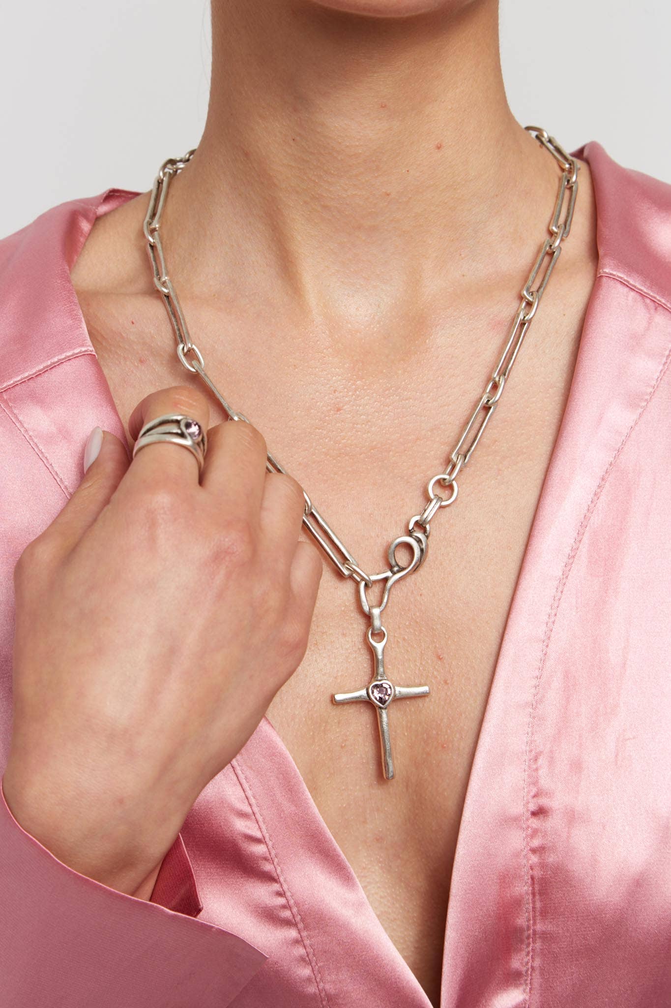 Handmade Cross Crystal Pewter Necklace - 3978