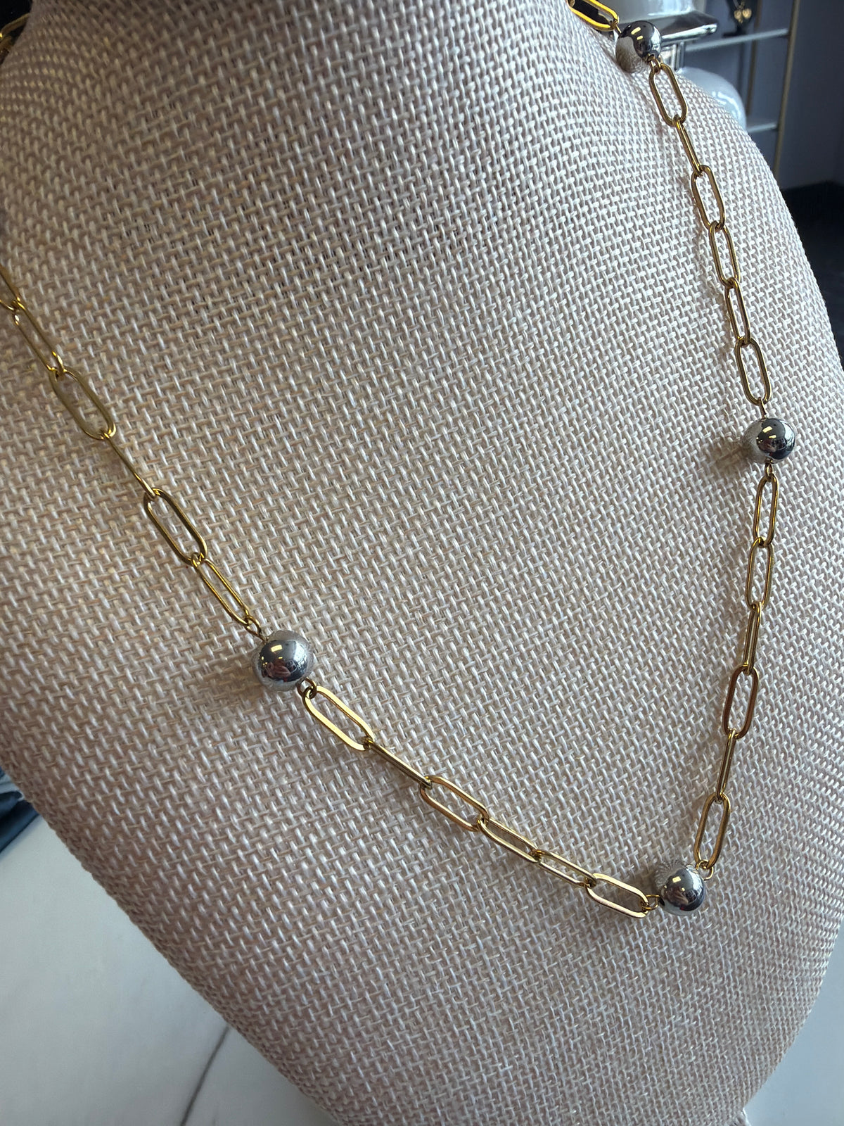 Stainless Steel Bead & Paperclip Necklace