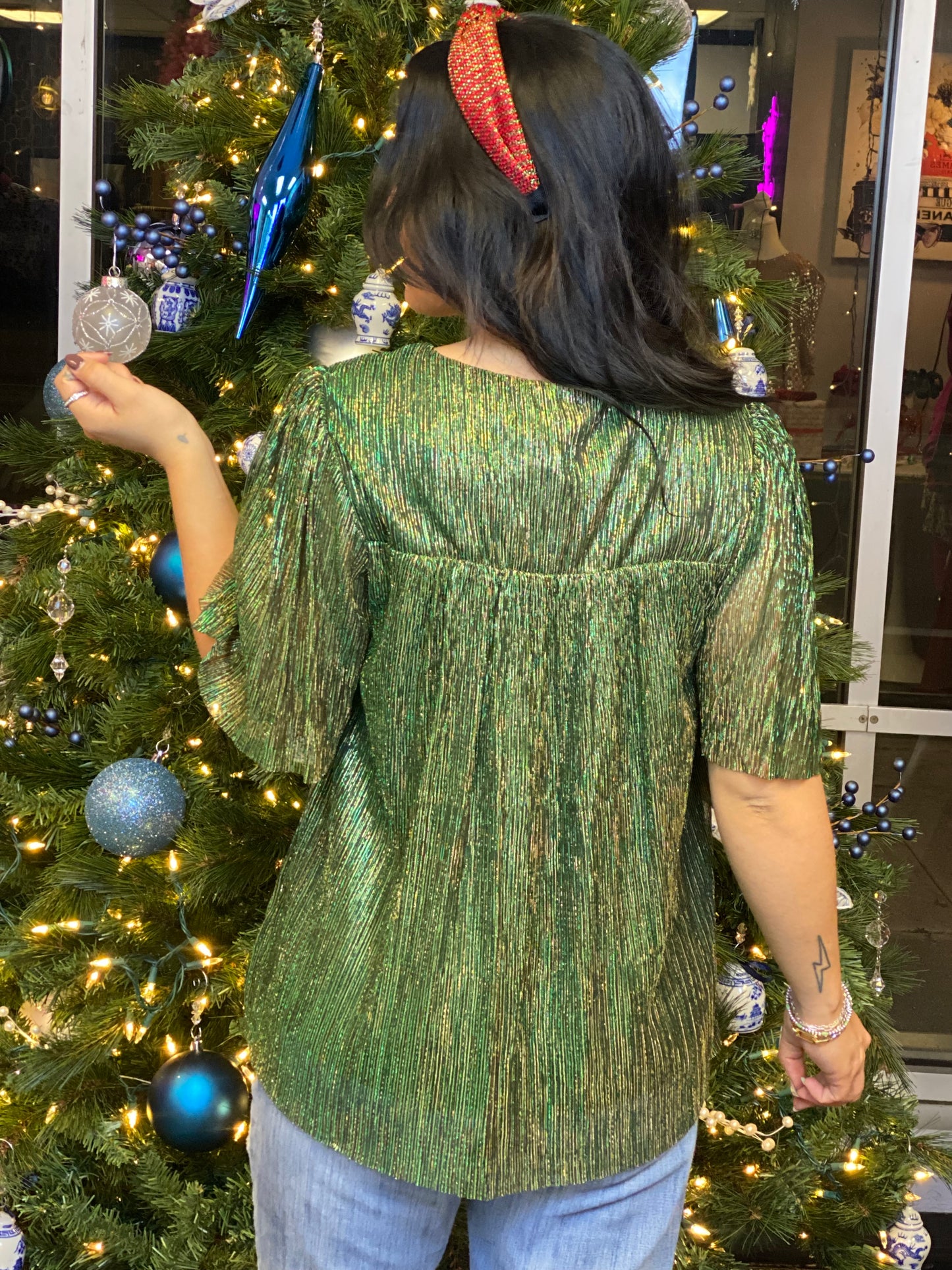 Hunter Green Pleated Sheer Half Sleeve Shimmer Blouse