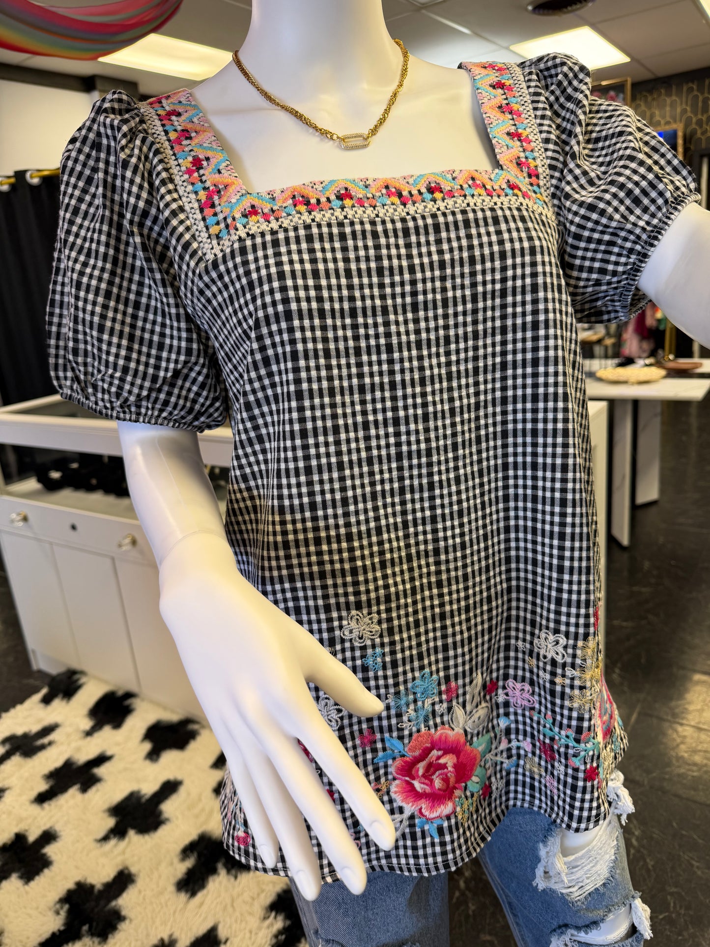 Short Sleeve Square Neck Embroidered Blouse