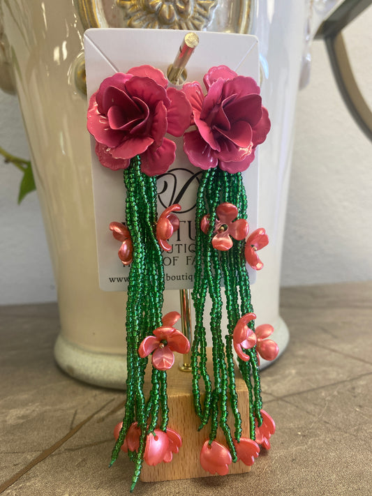 Floral Beaded Post Stud Drop Earring