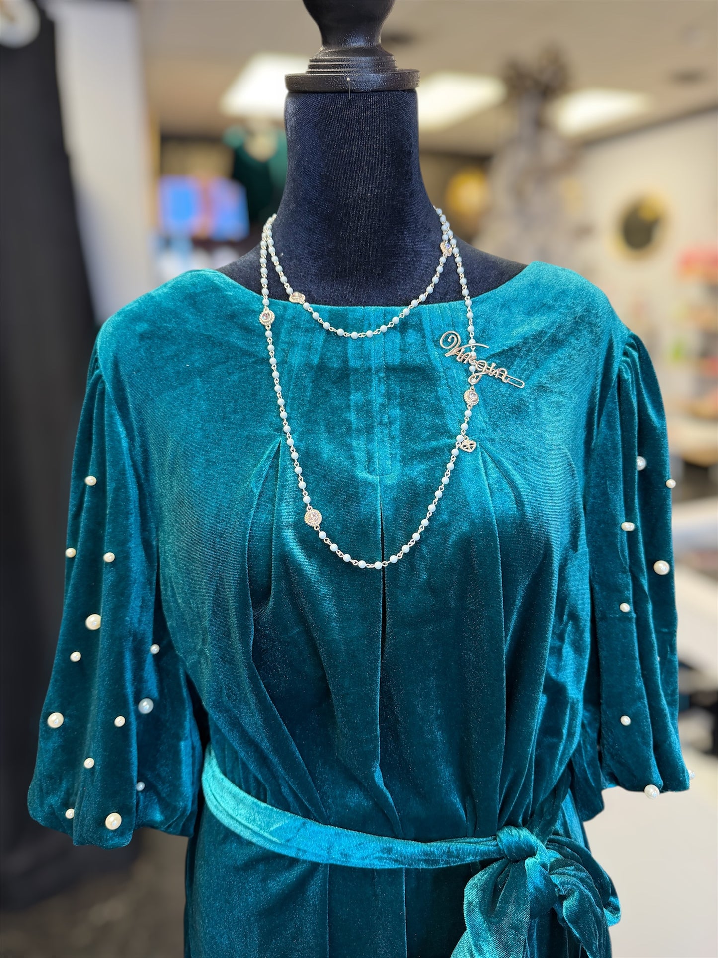 Emerald City Velvet Pearl Balloon Sleeve Dress