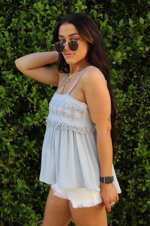 Embroidered Detail Tank Blue