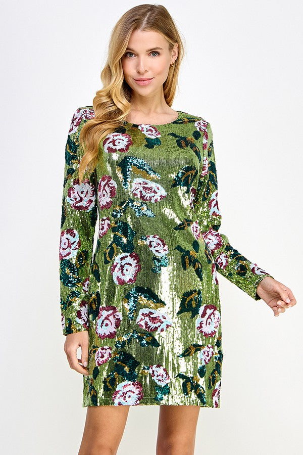 Long sleeve Floral sequins Dress