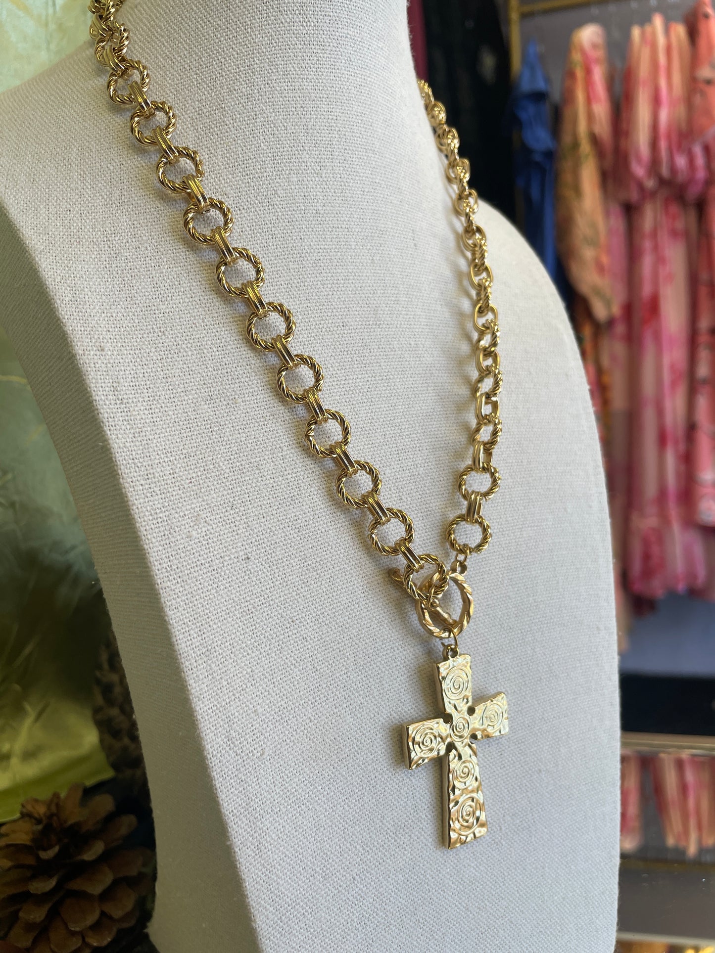 Stainless Gold Plated Swirl Cross Toggle