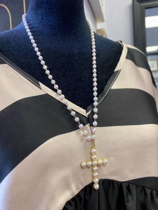 Pearl Cross Drop Necklace