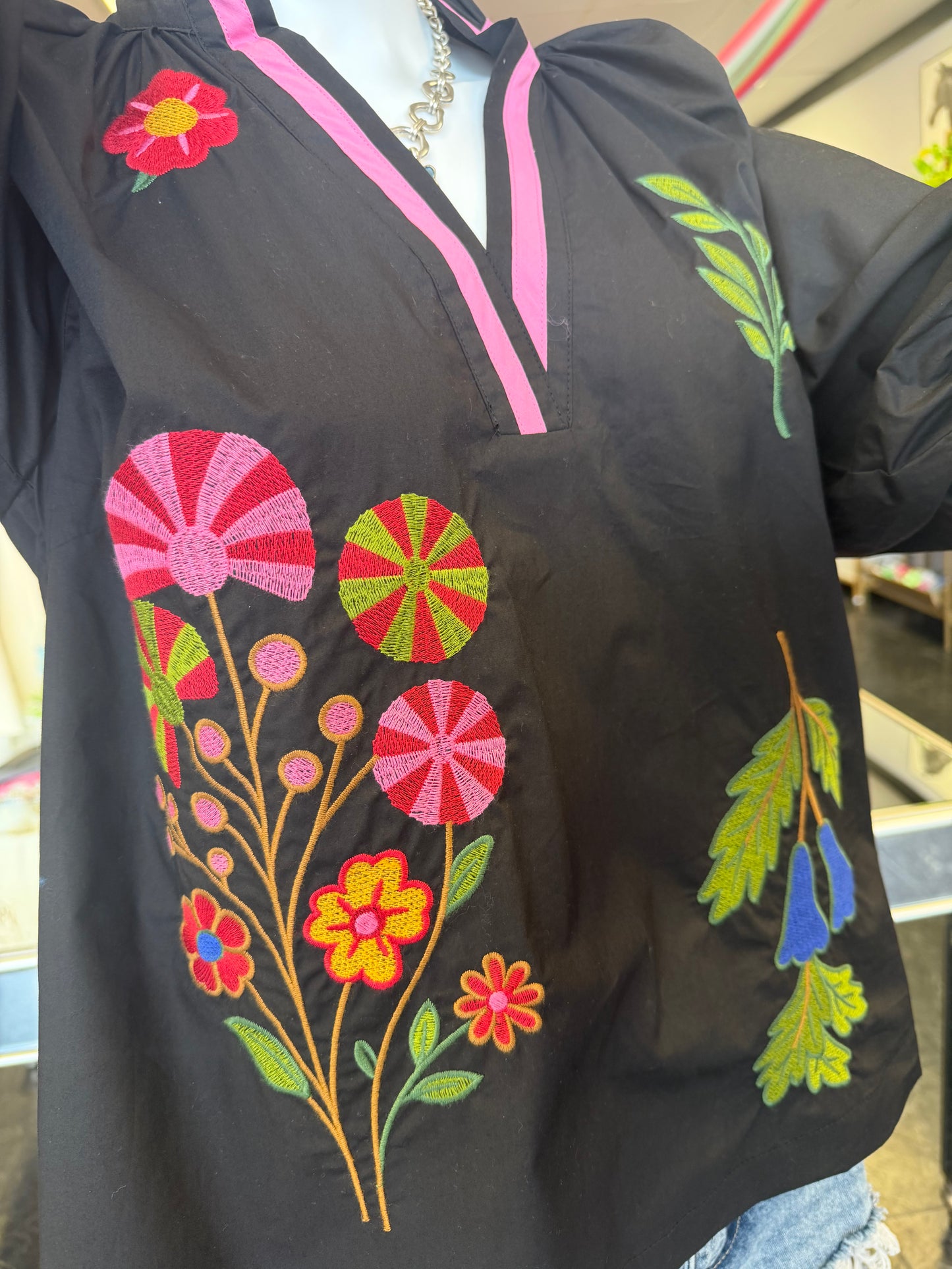 Black Embroidered Floral V-Neck Blouse