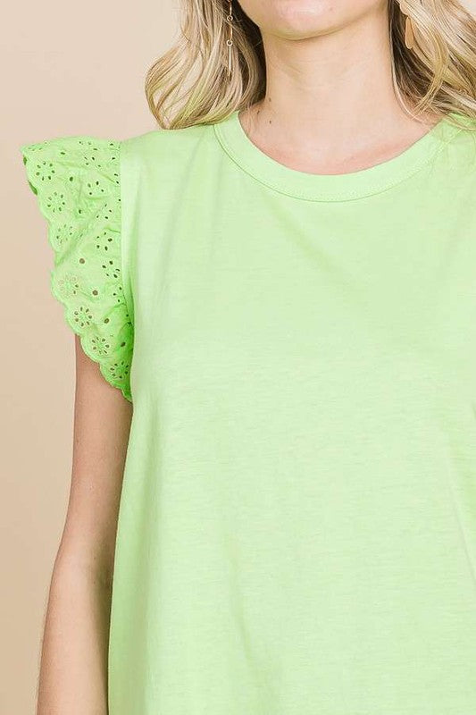 Crew Neck Eyelet Ruching Cap Sleeve Top