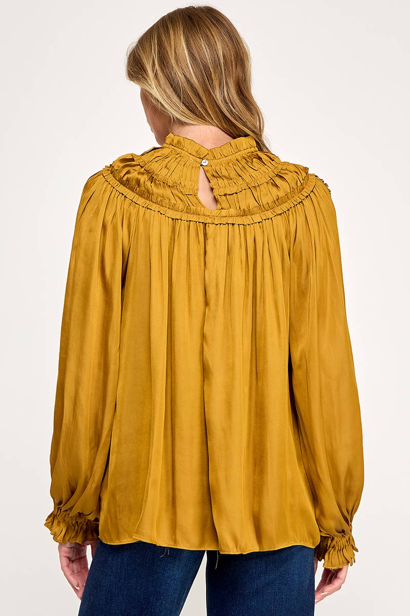 IT3477 - RUFFLED LONG SLEEVES SATIN TOP: GOLD / L
