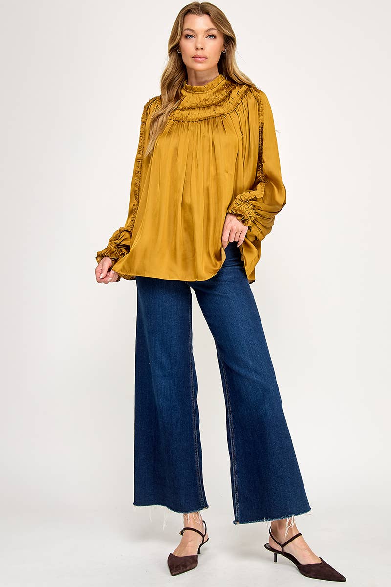 IT3477 - RUFFLED LONG SLEEVES SATIN TOP: GOLD / L