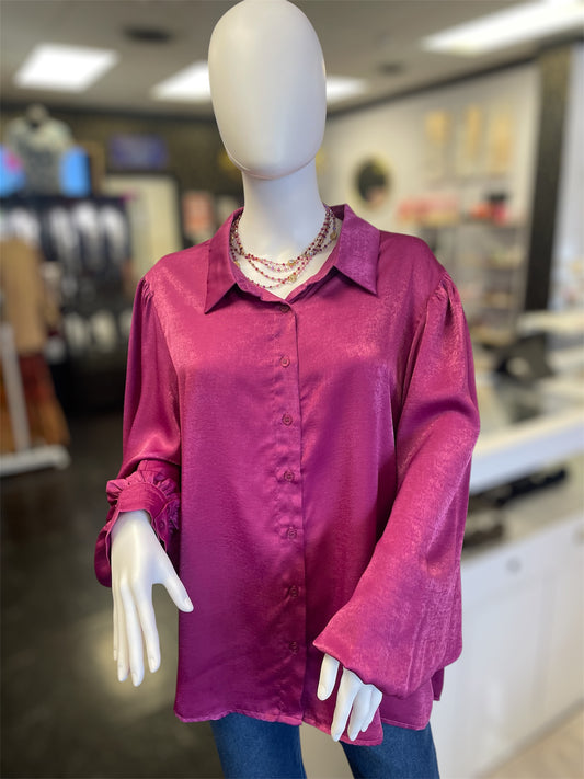 Magenta Satin Button Up Shirt (Curvy)