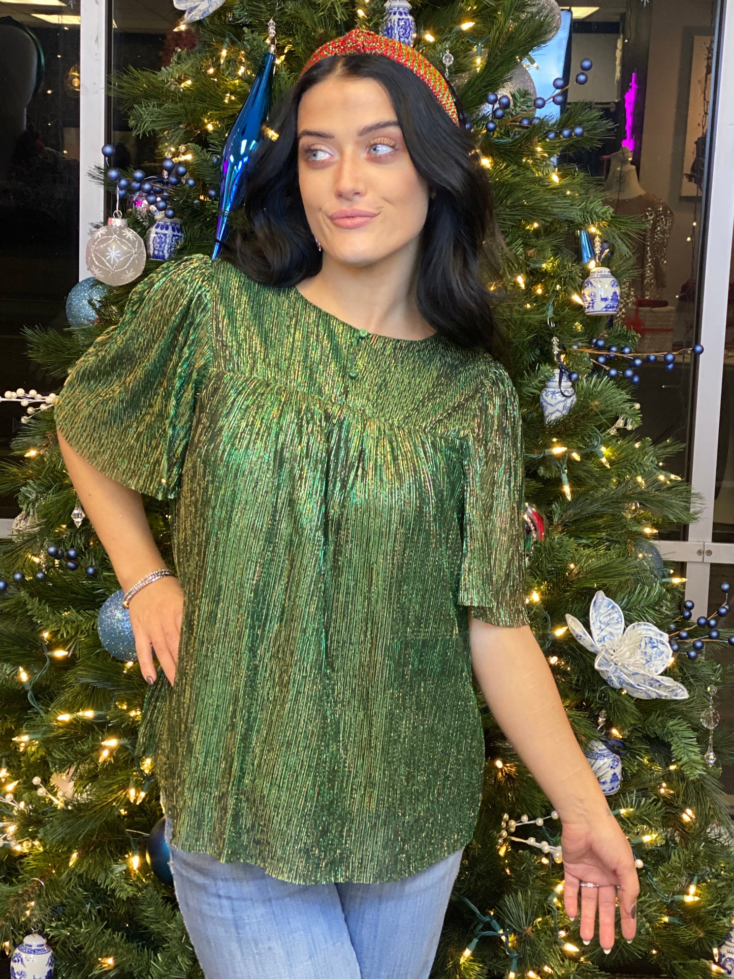 Hunter Green Pleated Sheer Half Sleeve Shimmer Blouse