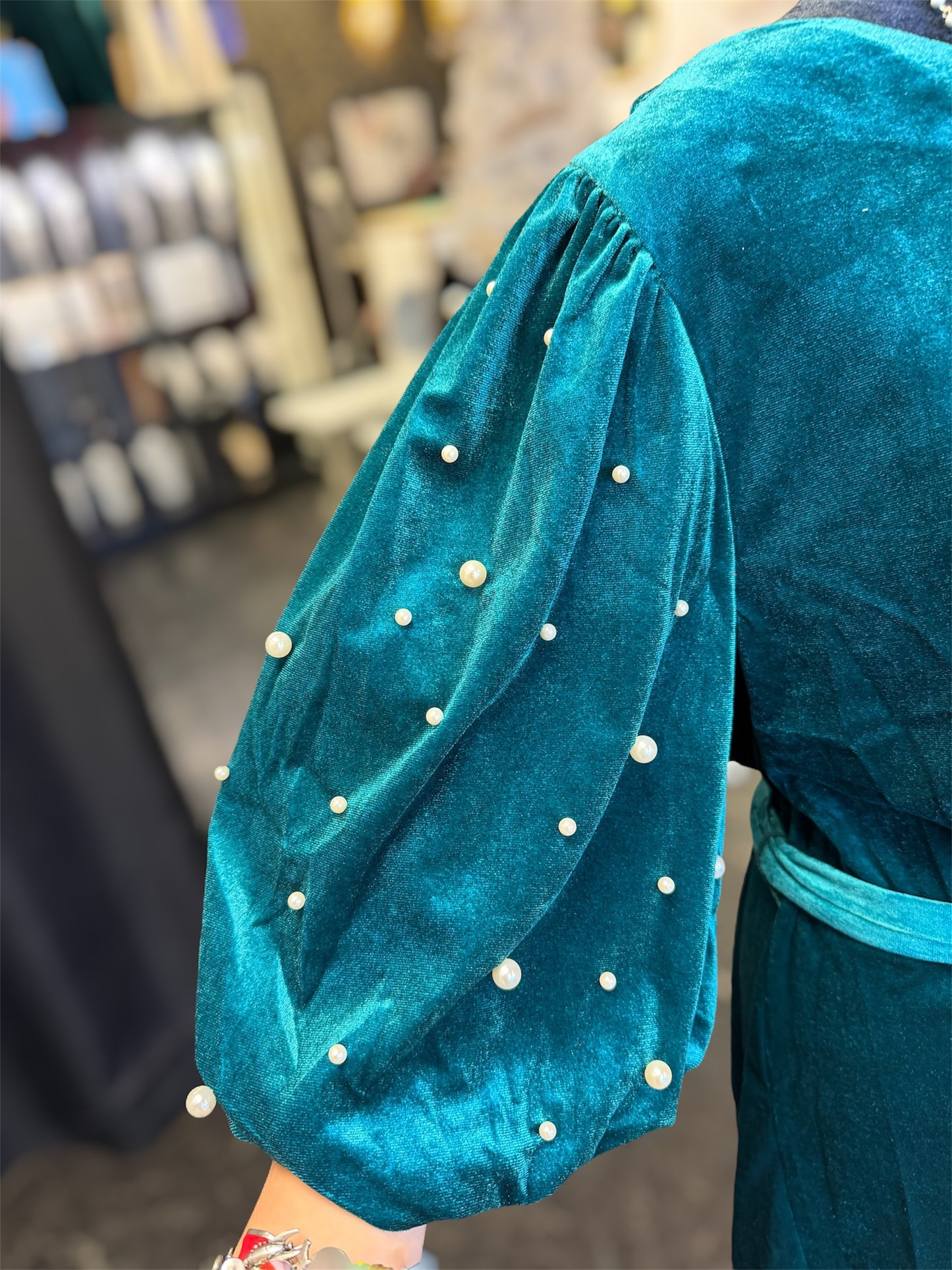 Emerald City Velvet Pearl Balloon Sleeve Dress