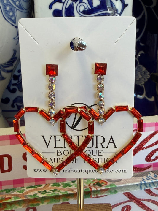 Red Crystal AB Stone Drop Heart Earrings