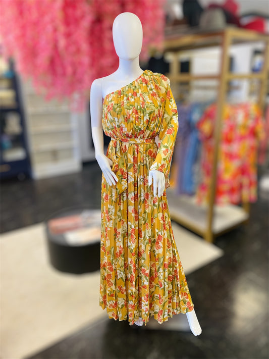 Floral One Shoulder Long Sleeve Tie Maxi Dress