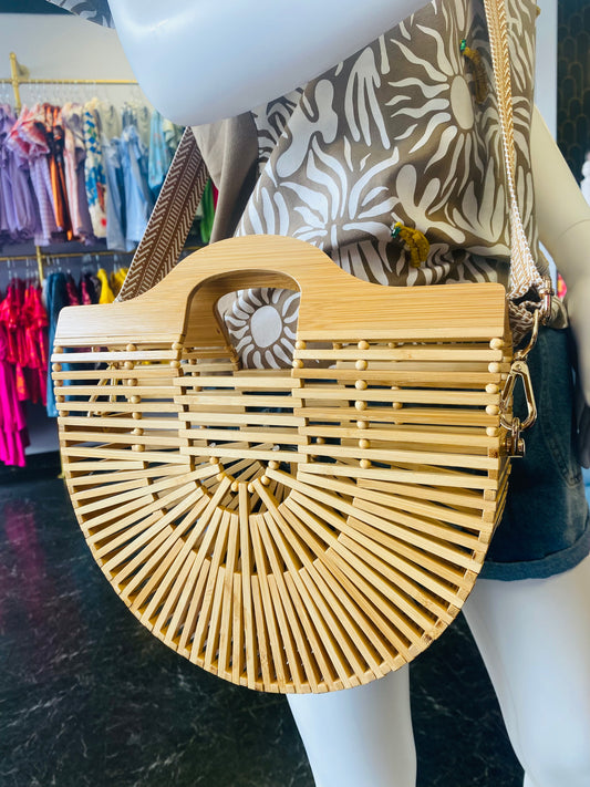 Wooden Crafted Top Handle & Cross Body Resort Purse