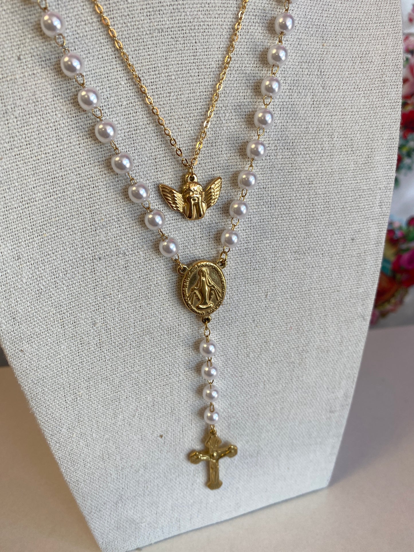 Stainless Gold Plated Double Necklace Mary & Angel Pearl