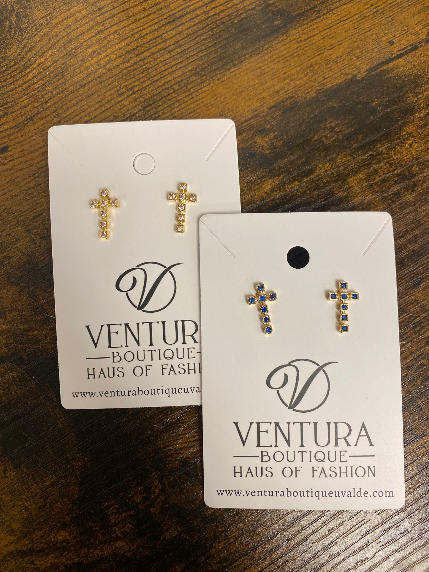 Gold Colored Crystal Cross Stud Earrings