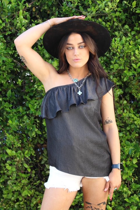 Ticket to Ride One-Shoulder Chambray Top Black