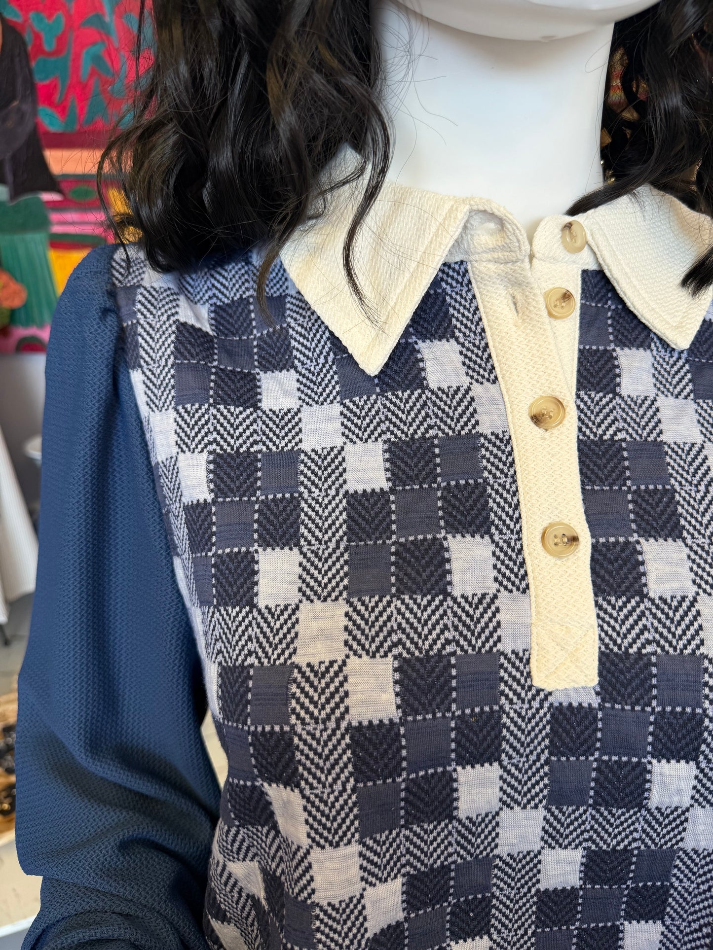 Blue & White Checker Collar Sweater Top