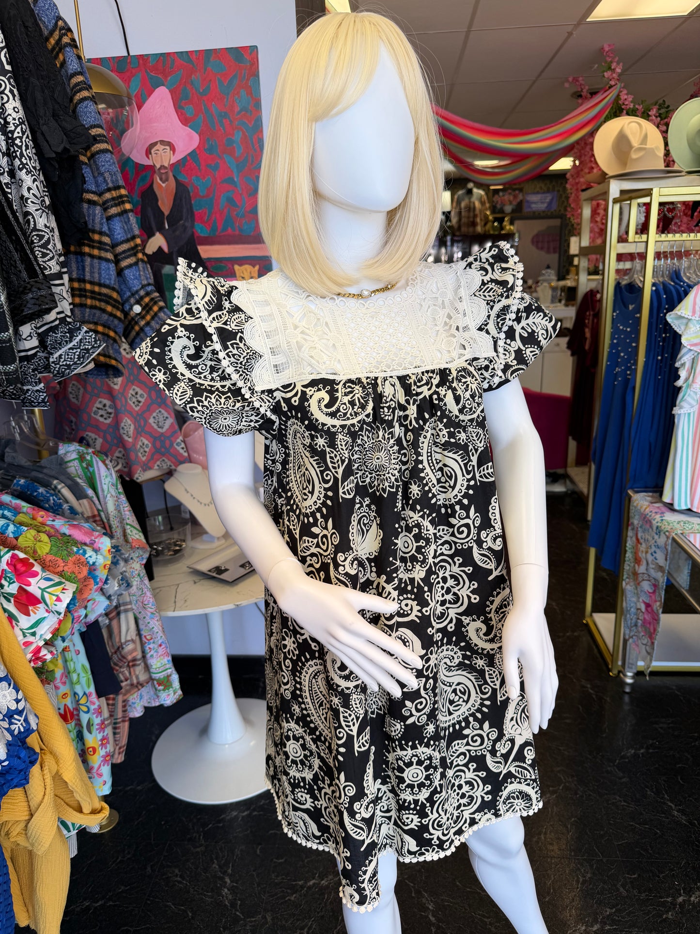 Paisley Print Black & White Puff Sleeve Dress