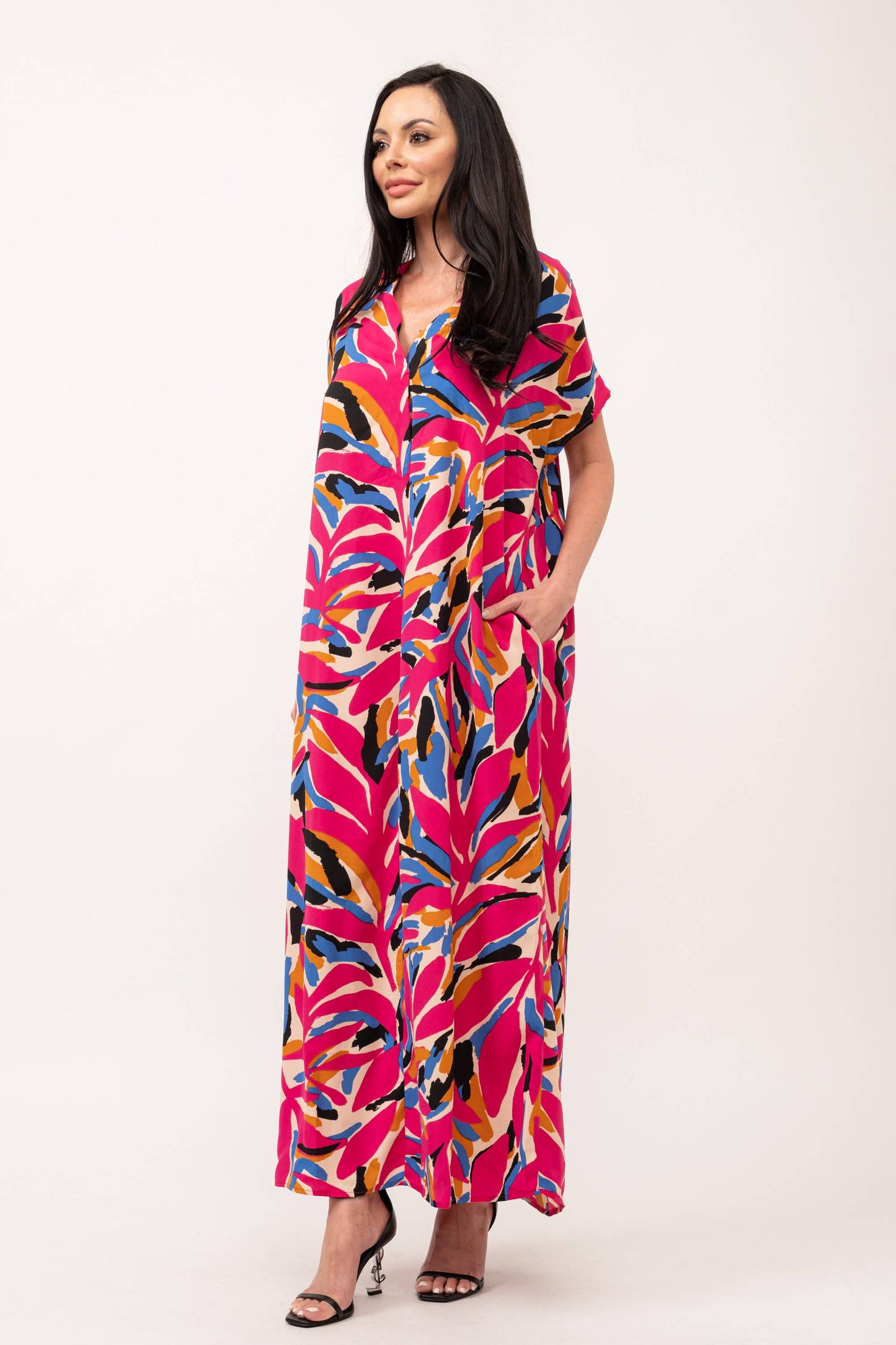 PRINTED WOVEN V NECK DROP SHOULDER MAXI DRESS