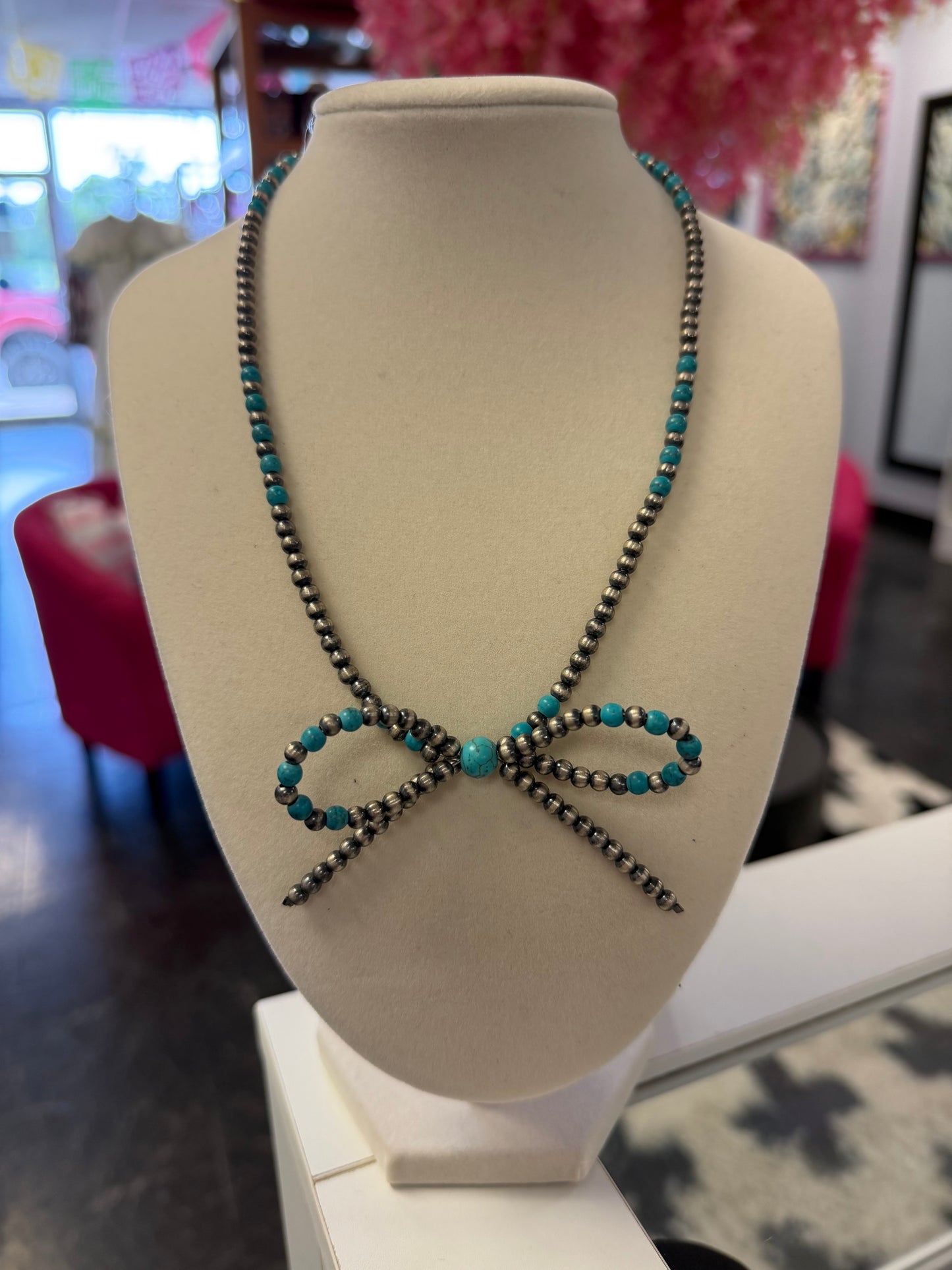 Sterling Silver beaded Bow Necklace & Turquoise