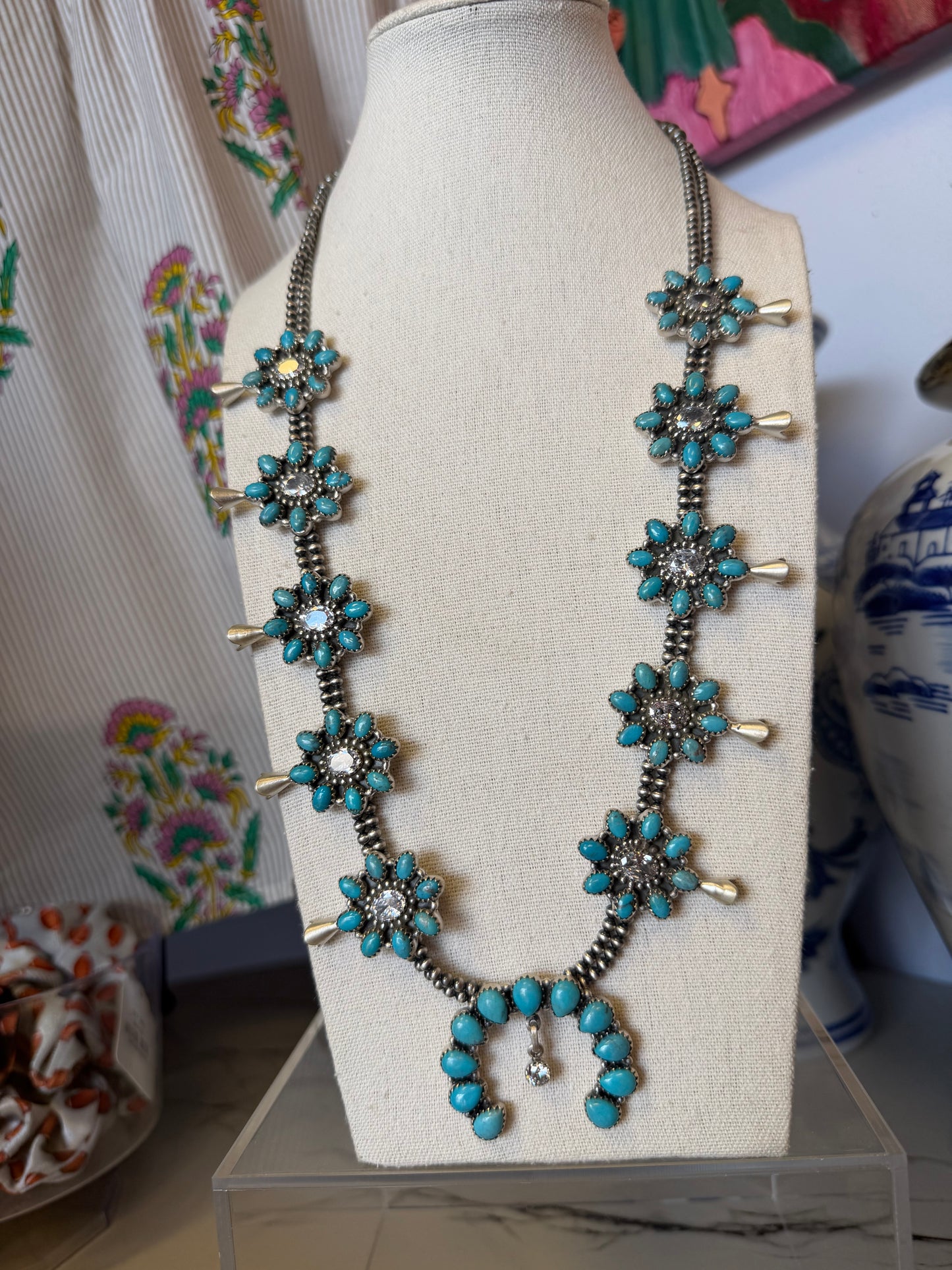 Sterling Silver Turquoise & Cubic Zirconia Squash Blossom Necklace