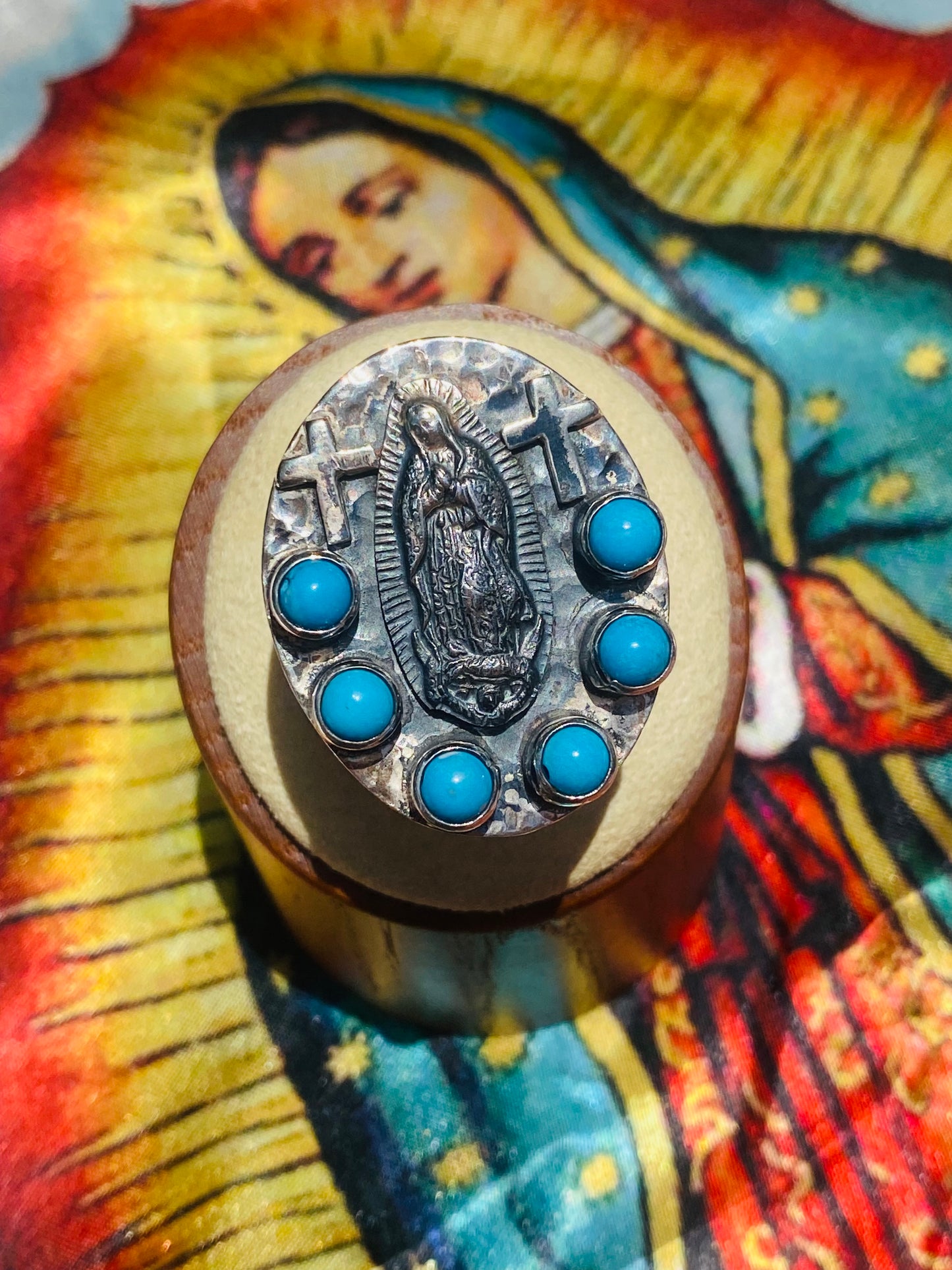 Sterling Silver Our Lady Turquoise Cross Ring  Size 7