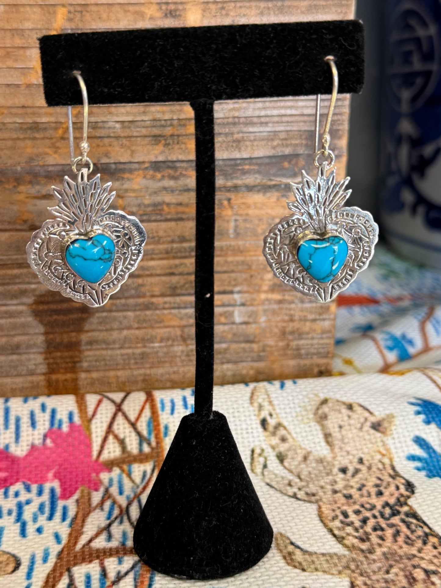 Sterling Silver Turquoise Sacred Heart Hook Earrings