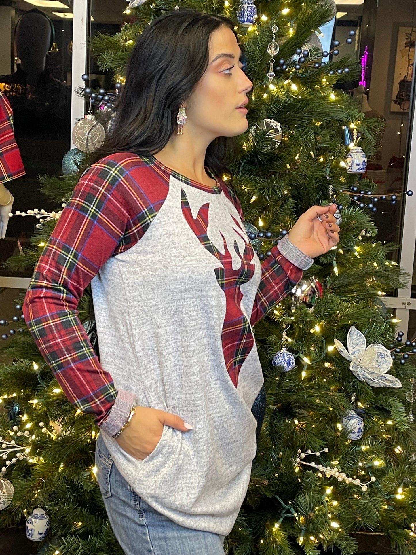 Reindeer Plaid Grey Tunic Top