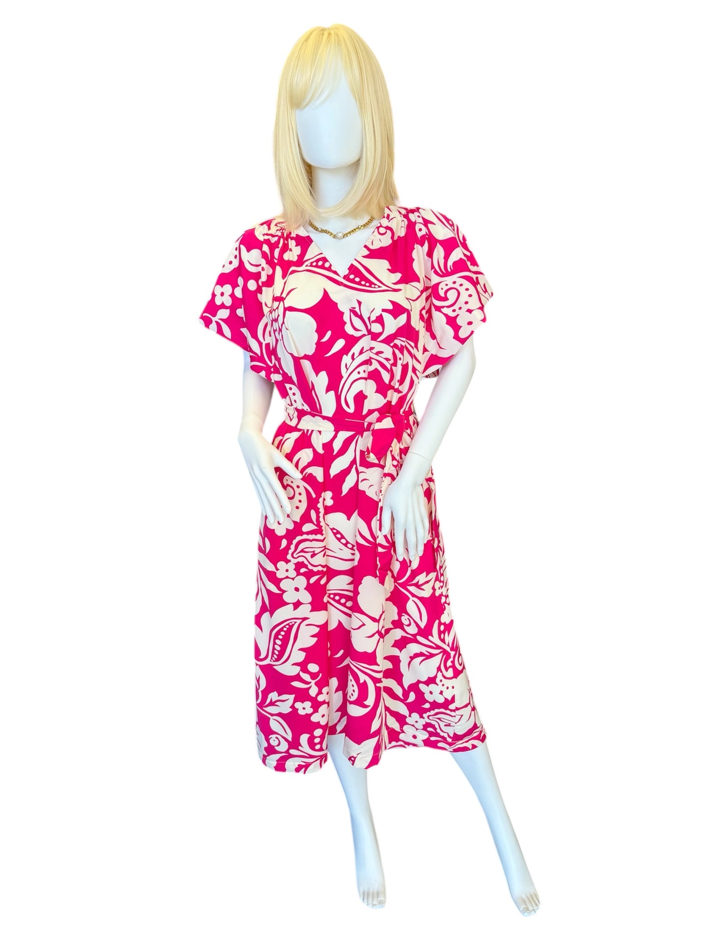 Pink & White Print Tropical Tie Maxi Dress