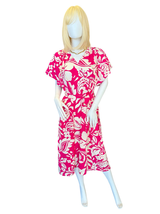 Pink & White Print Tropical Tie Maxi Dress
