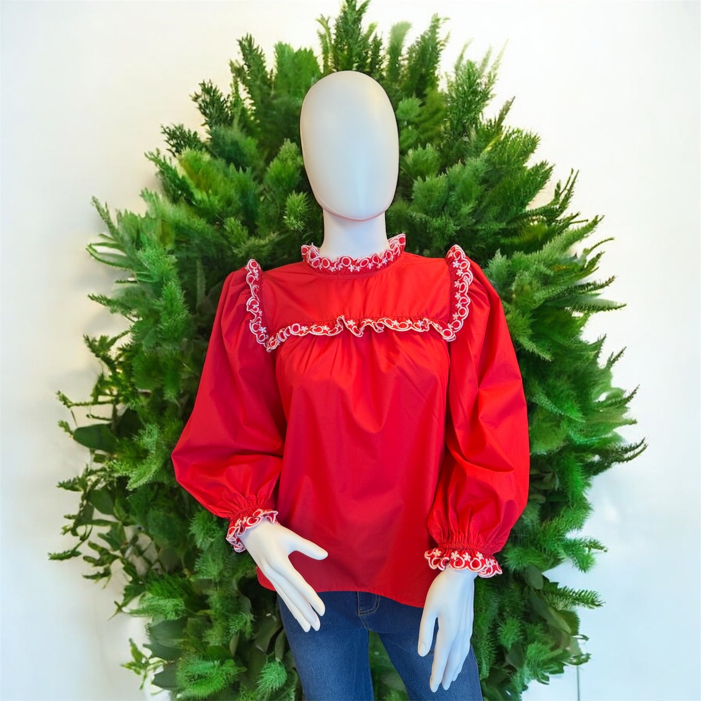 Red Long Sleeve With White Embroidered Trim