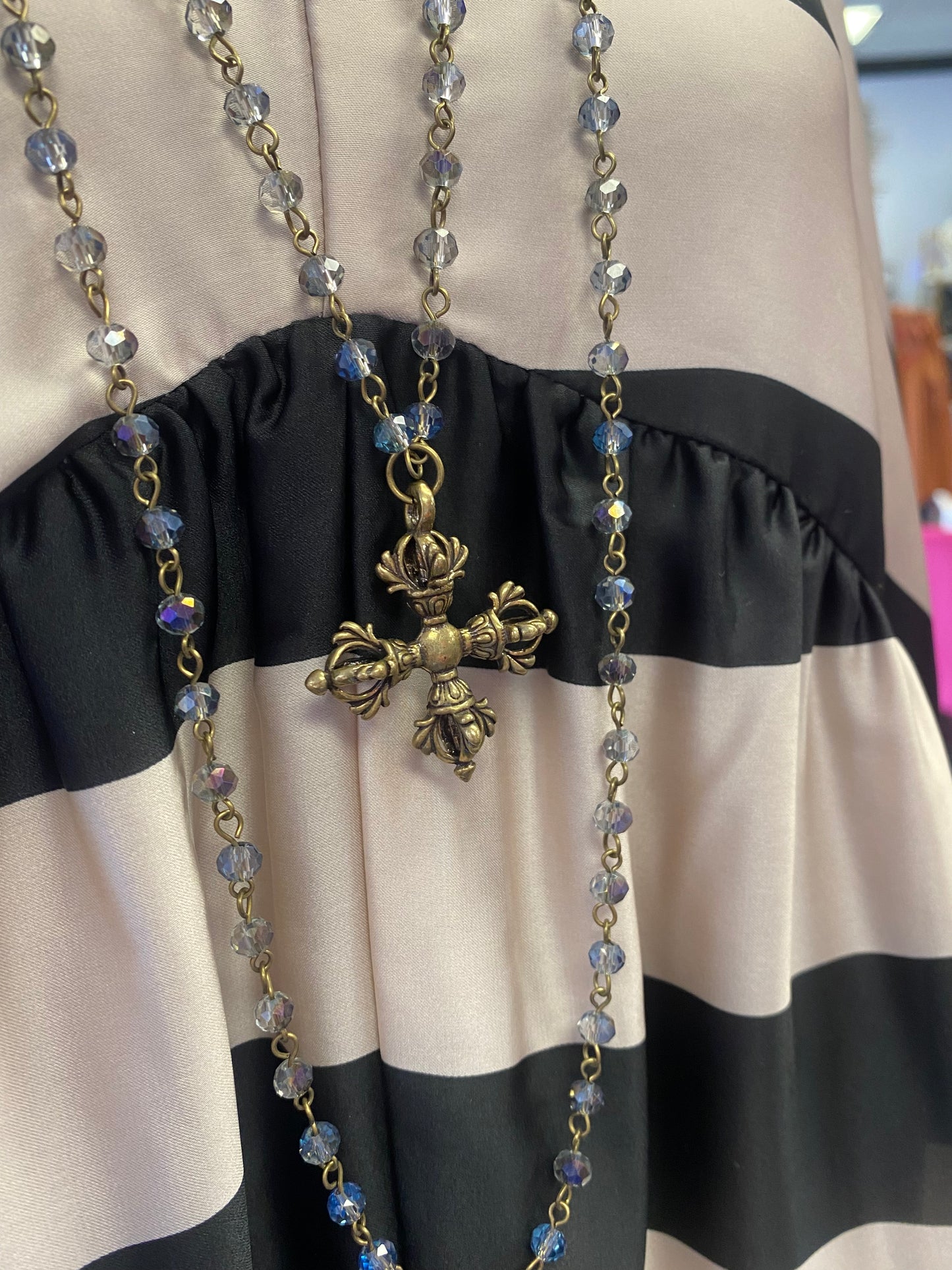 Double Strand Brass Crystal Cross Necklace