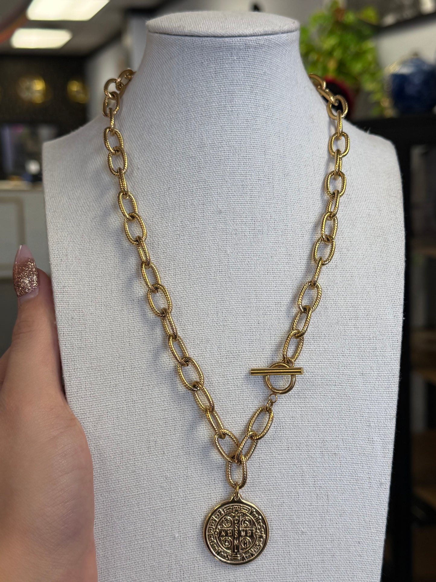Gold Plated Stainless Toggle Saint Benedict Necklace